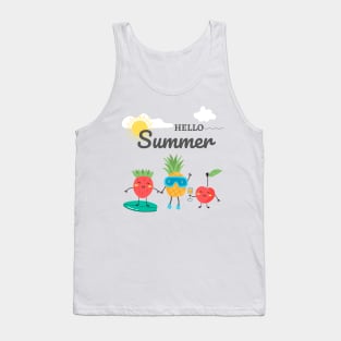 Hello Summer Cool design for summertime. Strawberry, cherry, pineapple with a beach landscape Tank Top